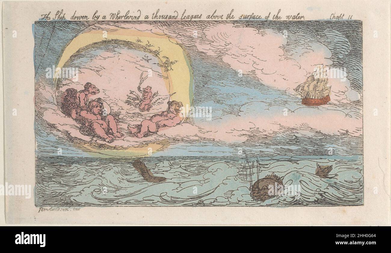 The Ship, driven by a Whirlwind, a thousand leagues above the surface of the water [1809], reissued 1811 Thomas Rowlandson The Baron discovers the inhabitants of the moon at left, the ship in the sky at right.. The Ship, driven by a Whirlwind, a thousand leagues above the surface of the water. 'Surprising Adventures of the Renowned Baron Munchausen'. Thomas Rowlandson (British, London 1757–1827 London). [1809], reissued 1811. Hand-colored etching; reissue. Thomas Tegg (British, 1776–1846). Prints Stock Photo