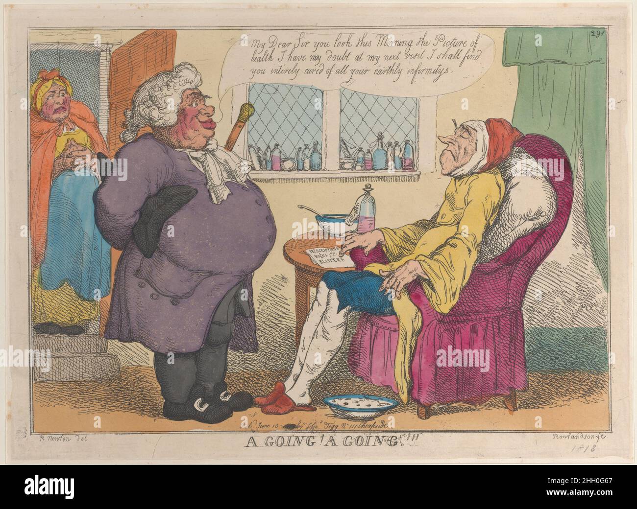 A Going! A Going!!! [1809], reissued 1813 Thomas Rowlandson A grotesquely obese doctor stands at left looking at his old and emaciated patient seated in an armchair. A round table is by the patient's side with a bowl, medicine-bottle, and a paper that reads: 'Prescriptions, Bolus, Blisters.' An array of medicine bottles are on the windowsill at center. The doctor says: 'My Dear Sir you look this Morning the Picture of health I have no doubt at my next visit I shall find you intirely cured of all your earthly infirmitys.'. A Going! A Going!!!. Thomas Rowlandson (British, London 1757–1827 London Stock Photo