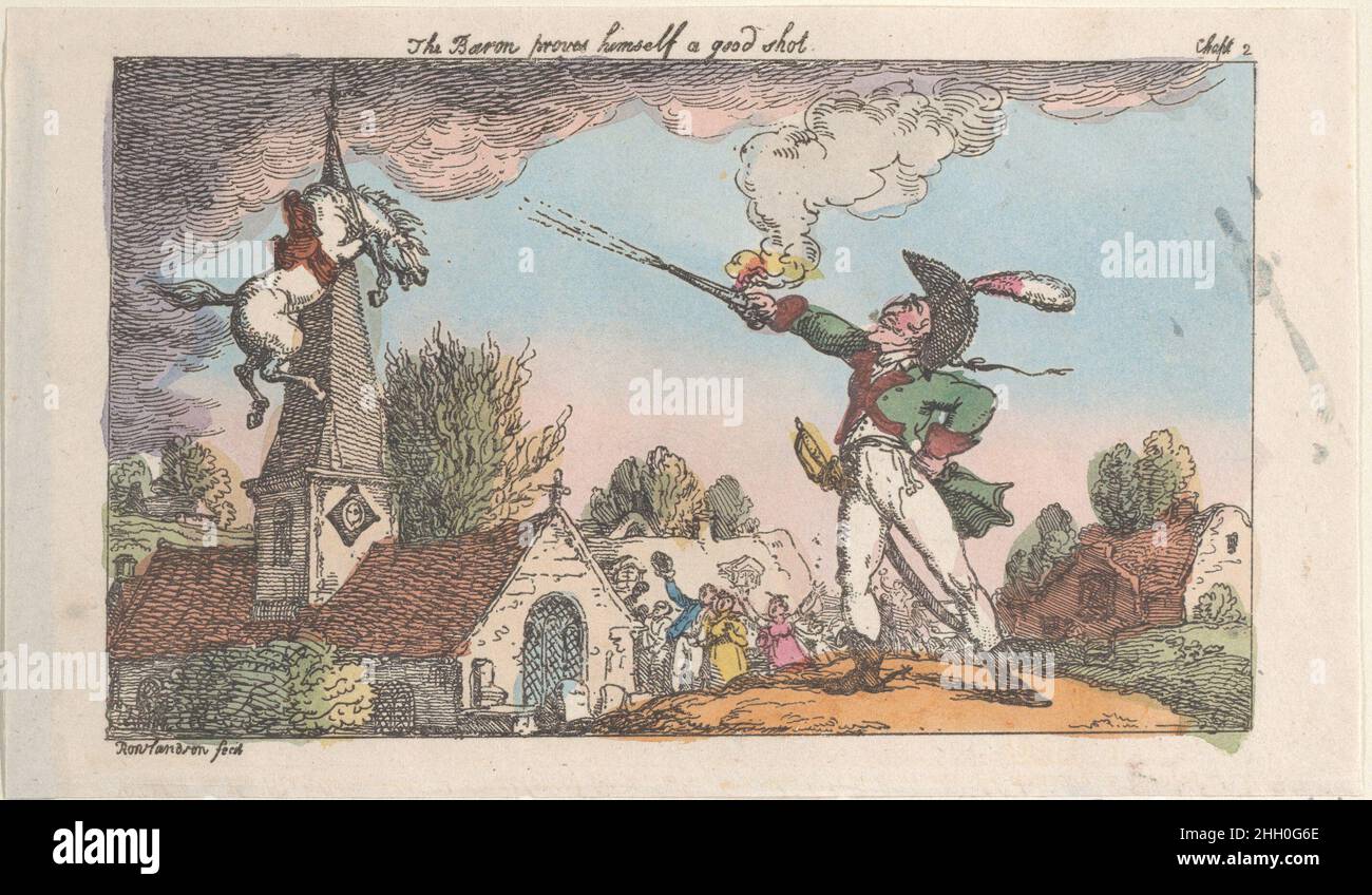 The Baron proves himself a good shot [1809], reissued 1811 Thomas Rowlandson The Baron discovers his horse stuck by his bridle to a church steeple. The Baron shoots the bridle, cutting it in two.. The Baron proves himself a good shot. 'Surprising Adventures of the Renowned Baron Munchausen'. Thomas Rowlandson (British, London 1757–1827 London). [1809], reissued 1811. Hand-colored etching; reissue. Thomas Tegg (British, 1776–1846). Prints Stock Photo