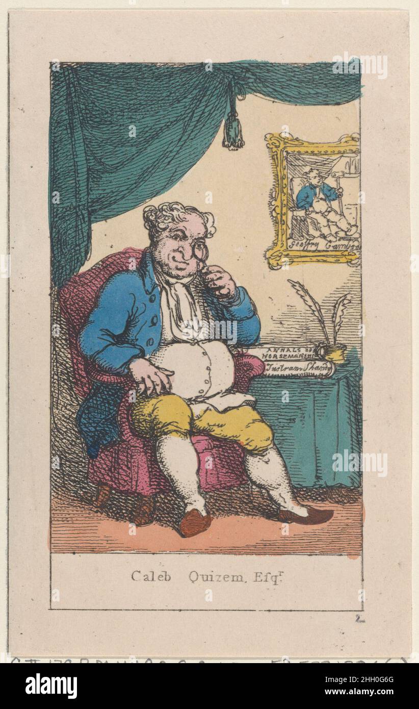 Portrait of Caleb Quizem, Esq. 1809 Thomas Rowlandson The author, Caleb Quizem, is likely a pseudonym for George Moutard Woodward. He sits in an armchair, looking at the viewer through an eyeglass. Two books, 'Annals of Horsemanship' and 'Tristam Shandy' are on the table next to him, and a portrait of 'Geoffry Gambado' is on the wall at right.. Portrait of Caleb Quizem, Esq.. 'Annals of Sporting'. Thomas Rowlandson (British, London 1757–1827 London). 1809. Hand-colored etching. Thomas Tegg (British, 1776–1846). Prints Stock Photo
