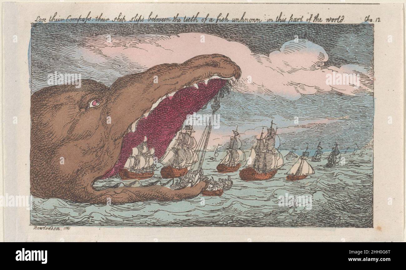 Lose their Compass, their ships slips between the teeth of a fish unknown in this part of the world [1809], reissued 1811 Thomas Rowlandson Several ships in the sea, some of which are within the mouth of a gigantic fish at left.. Lose their Compass, their ships slips between the teeth of a fish unknown in this part of the world. 'Surprising Adventures of the Renowned Baron Munchausen'. Thomas Rowlandson (British, London 1757–1827 London). [1809], reissued 1811. Hand-colored etching; reissue. Thomas Tegg (British, 1776–1846). Prints Stock Photo