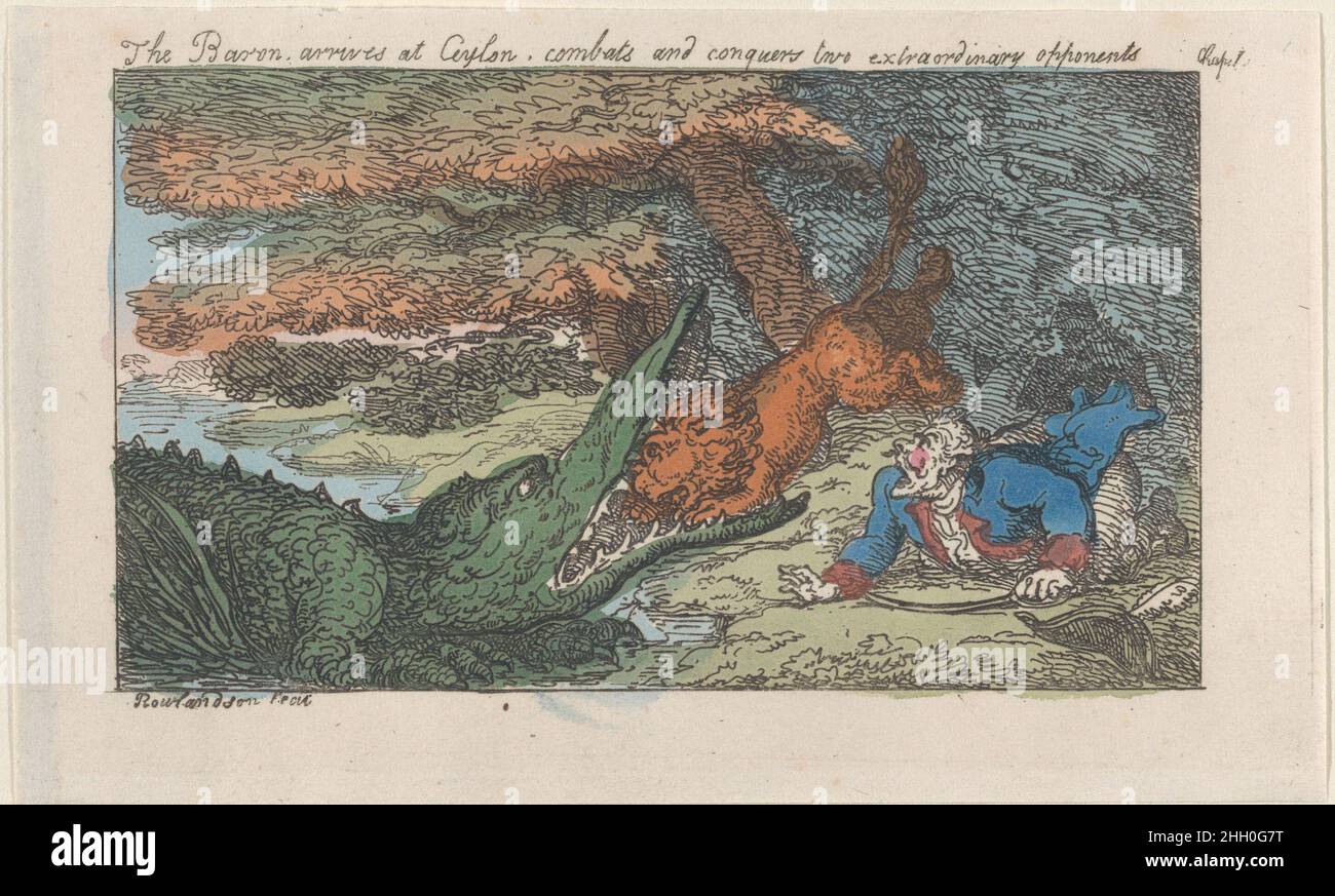 The Baron arrives at Ceylon, combats and conquers two extraordinary opponents [1809], reissued 1811 Thomas Rowlandson The baron is on the ground at right while a crocodile swallows a lion at left.. The Baron arrives at Ceylon, combats and conquers two extraordinary opponents. 'Surprising Adventures of the Renowned Baron Munchausen'. Thomas Rowlandson (British, London 1757–1827 London). [1809], reissued 1811. Hand-colored etching; reissue. Thomas Tegg (British, 1776–1846). Prints Stock Photo