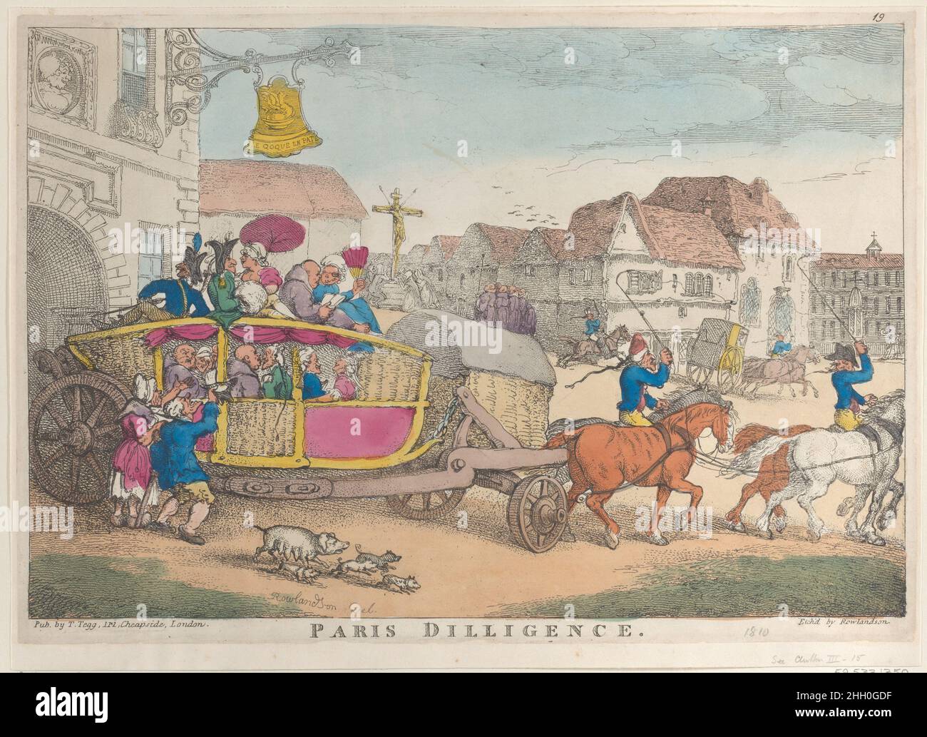 Paris Diligence 1810 Thomas Rowlandson A diligence coach full of people, led by four horses away from an inn. An old couple at left beg from the passengers, and sow with small pigs run alongside the coach. A crucifix is in the background center, where a group of nuns kneel in prayer.. Paris Diligence. Thomas Rowlandson (British, London 1757–1827 London). 1810. Hand-colored etching. Thomas Tegg (British, 1776–1846). Prints Stock Photo