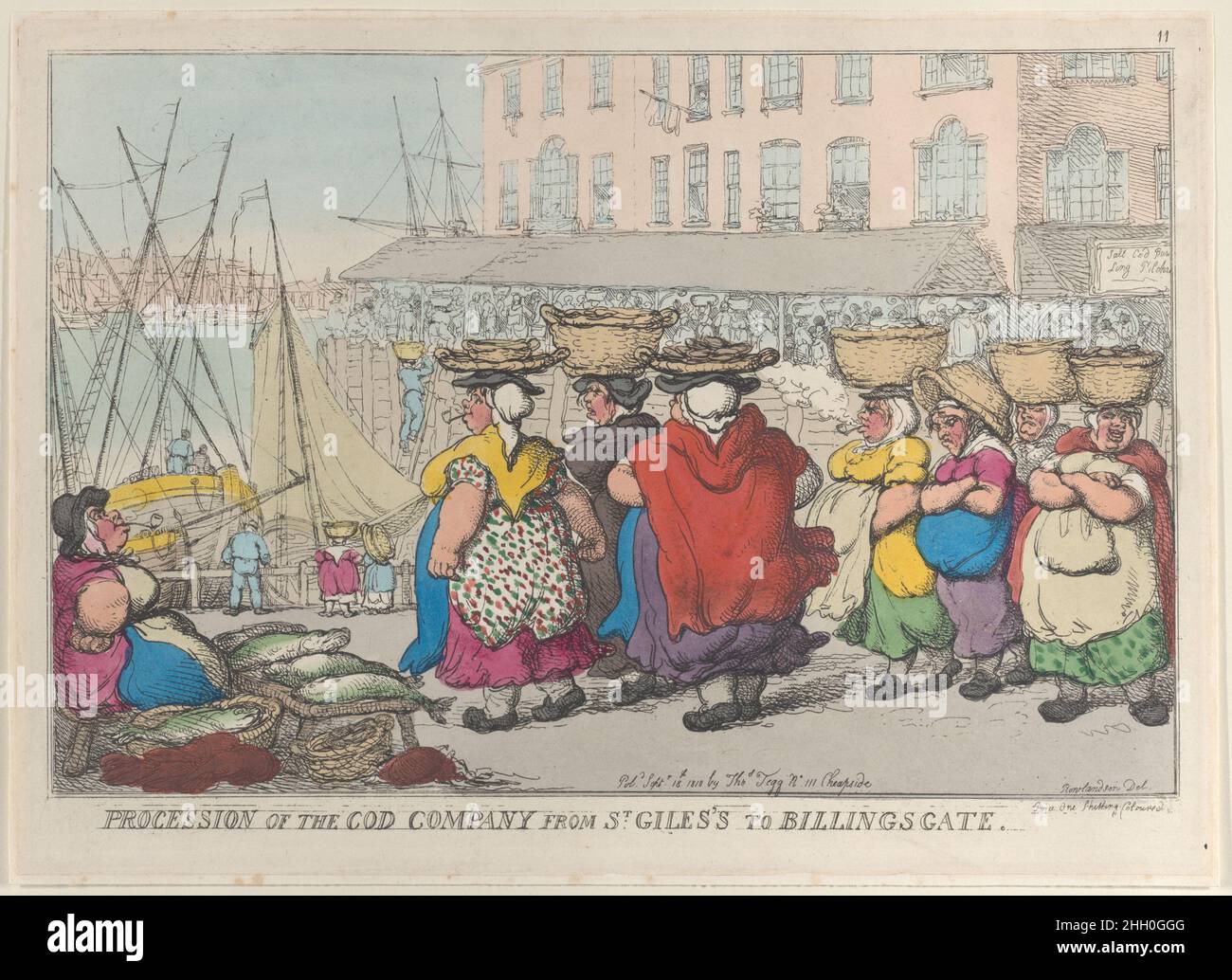 Procession of the Cod Company from St. Giles's to Billingsgate September 18, 1810 Thomas Rowlandson Seven hefty women approach a pier with baskets on their heads, two of them smoking pipes. An eighth woman sits at left, also smoking a pipe, with baskets of cod and lobsters next to her.. Procession of the Cod Company from St. Giles's to Billingsgate. Thomas Rowlandson (British, London 1757–1827 London). September 18, 1810. Hand-colored etching. Thomas Tegg (British, 1776–1846). Prints Stock Photo