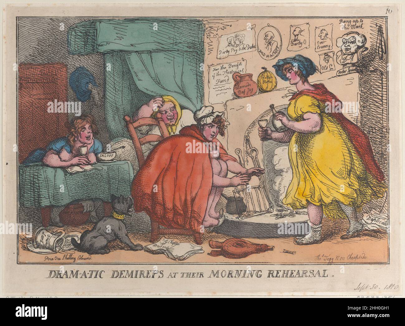 Dram-a-tic Demireps at their Morning Rehearsal September 30, 1810 Thomas Rowlandson Four women, still in their bedclothes, drinking in a messy room.. Dram-a-tic Demireps at their Morning Rehearsal. 'Tegg's Caricatures'. Thomas Rowlandson (British, London 1757–1827 London). September 30, 1810. Hand-colored etching. Thomas Tegg (British, 1776–1846). Prints Stock Photo