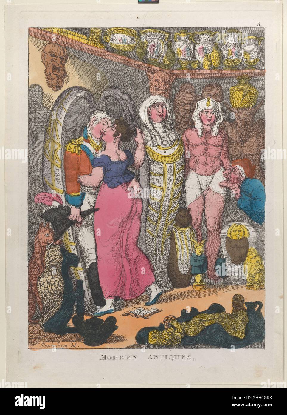 Modern Antiques 1811? Thomas Rowlandson Among a collection of Egyptian and classical antiques a young woman is embraced by an officer, who draws her into a mummy case. Also in the room is an elderly man with a monocle who inspects a sarcophagus. On the floor an open book reads: 'Loves of the Gods, embell'd with Cuts'. Modern Antiques. Thomas Rowlandson (British, London 1757–1827 London). 1811?. Hand-colored etching. Published by? Thomas Tegg (British, 1776–1846). Prints Stock Photo