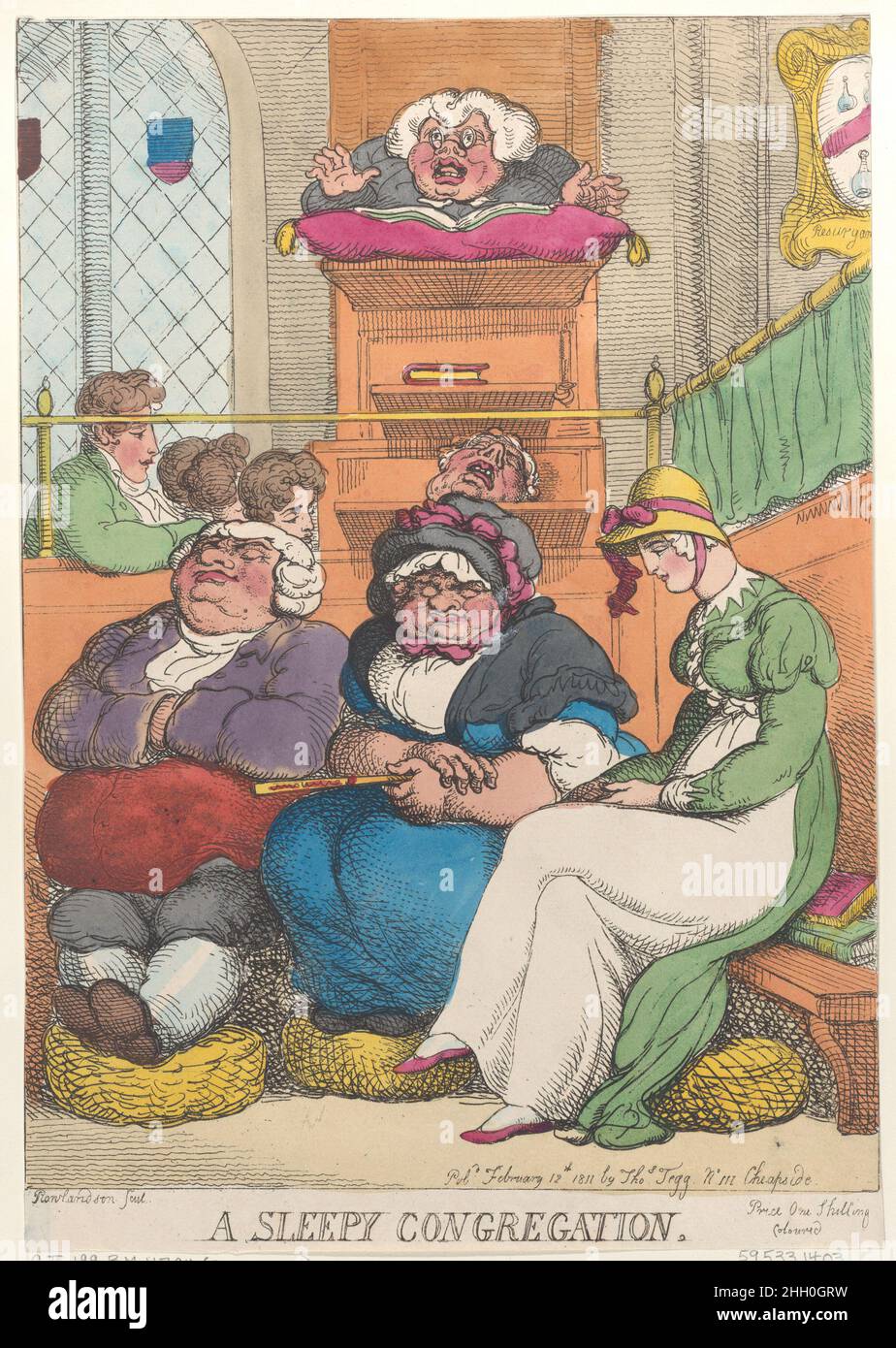 A Sleepy Congregation February 12, 1811 Thomas Rowlandson A priest giving his sermon from the pulpit above to a congregation below, some of whom are soundly sleeping. A woman at right tilts her head downwards, unaware of a young man looking towards her at left.. A Sleepy Congregation. 'Tegg's Caricatures'. Thomas Rowlandson (British, London 1757–1827 London). February 12, 1811. Hand-colored etching. Thomas Tegg (British, 1776–1846). Prints Stock Photo