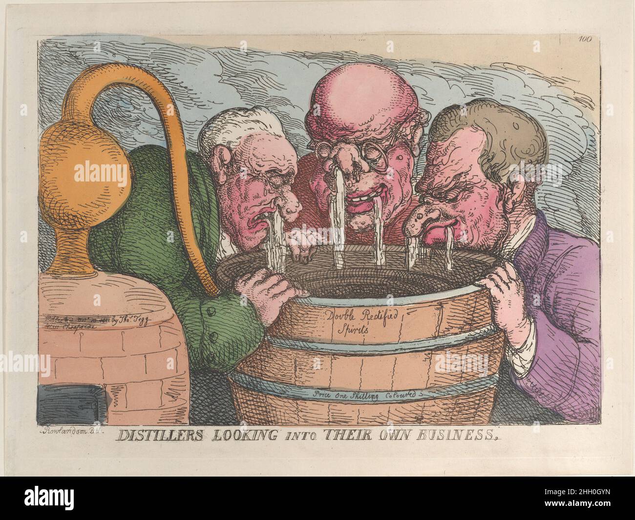Distillers Looking into Their Own Business October 10, 1811 Thomas Rowlandson A repulsive scene with three old men with grotesque and hideously carbuncled faces looking into a cask of 'Double Rectified Spirits,' while their noses and mouths stream copiously.. Distillers Looking into Their Own Business. Thomas Rowlandson (British, London 1757–1827 London). October 10, 1811. Hand-colored etching. Thomas Tegg (British, 1776–1846). Portfolio Covers Stock Photo