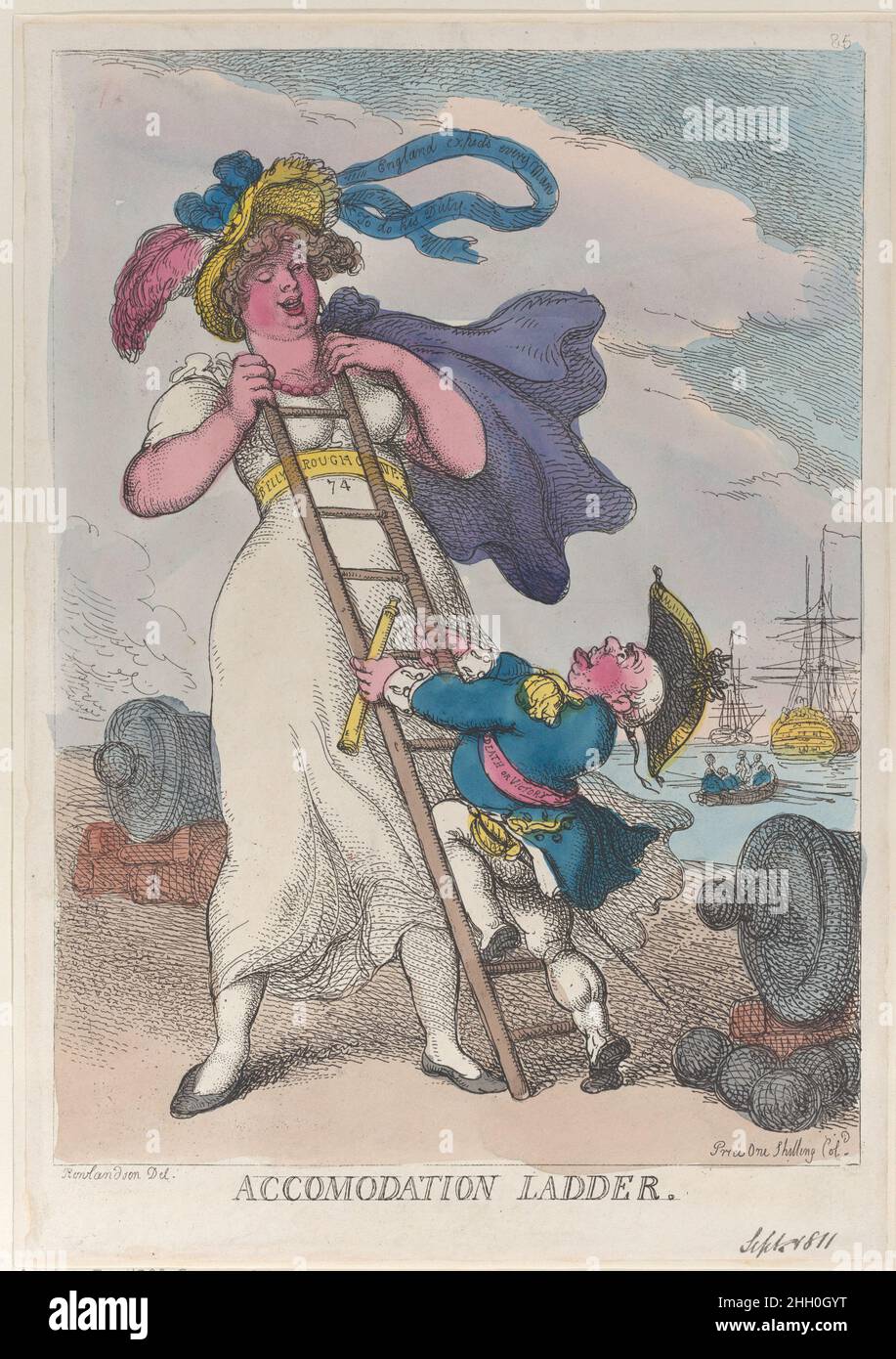 Accomodation Ladder September 1, 1811 Thomas Rowlandson An elderly naval officer begins to climb a ladder, which is held by a woman more than twice his height. He holds a telescope and wears a ribbon inscribed 'Death or Victory.' A ribbon on her hat is inscribed 'England expects every Man To do his Duty.'This state lack's Tegg's name.. Accomodation Ladder. Thomas Rowlandson (British, London 1757–1827 London). September 1, 1811. Hand-colored etching. Thomas Tegg (British, 1776–1846) ?. Prints Stock Photo