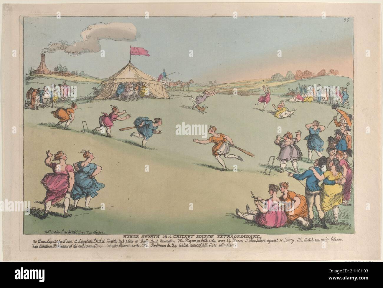 Rural Sports or a Cricket Match Extraordinary October 10, 1811 Thomas Rowlandson Women play cricket on a field at center, while spectators watch. Two girls seated at right record the runs by cutting notches into a stick.. Rural Sports or a Cricket Match Extraordinary. Thomas Rowlandson (British, London 1757–1827 London). October 10, 1811. Hand-colored etching. Thomas Tegg (British, 1776–1846). Prints Stock Photo