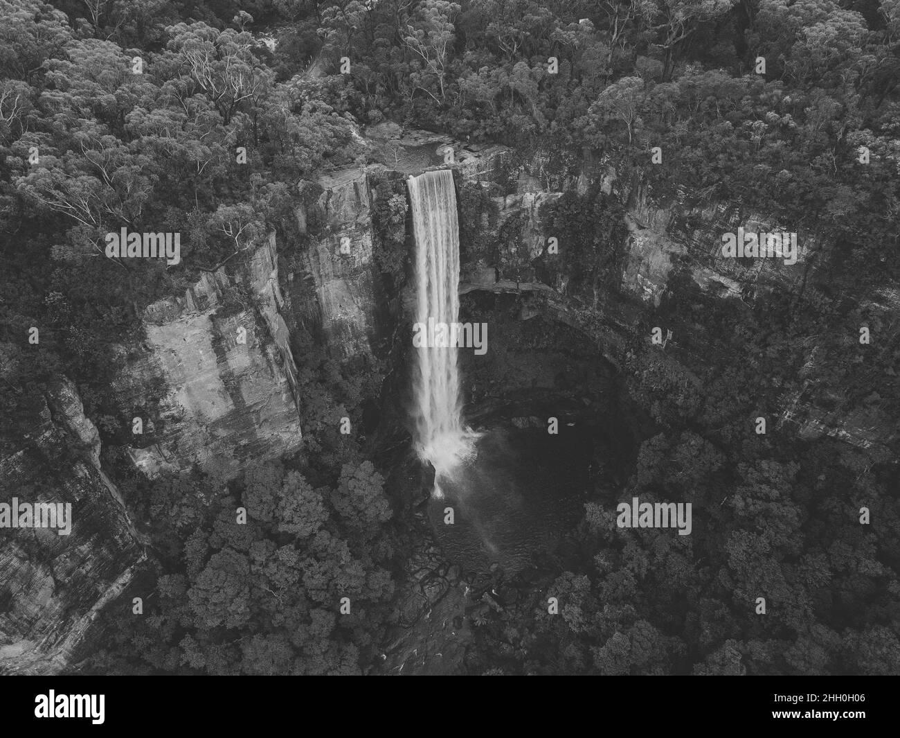 Aerial shot of a waterfall in a valley, Belmore Falls, New South Wales Austalia  Stock Photo