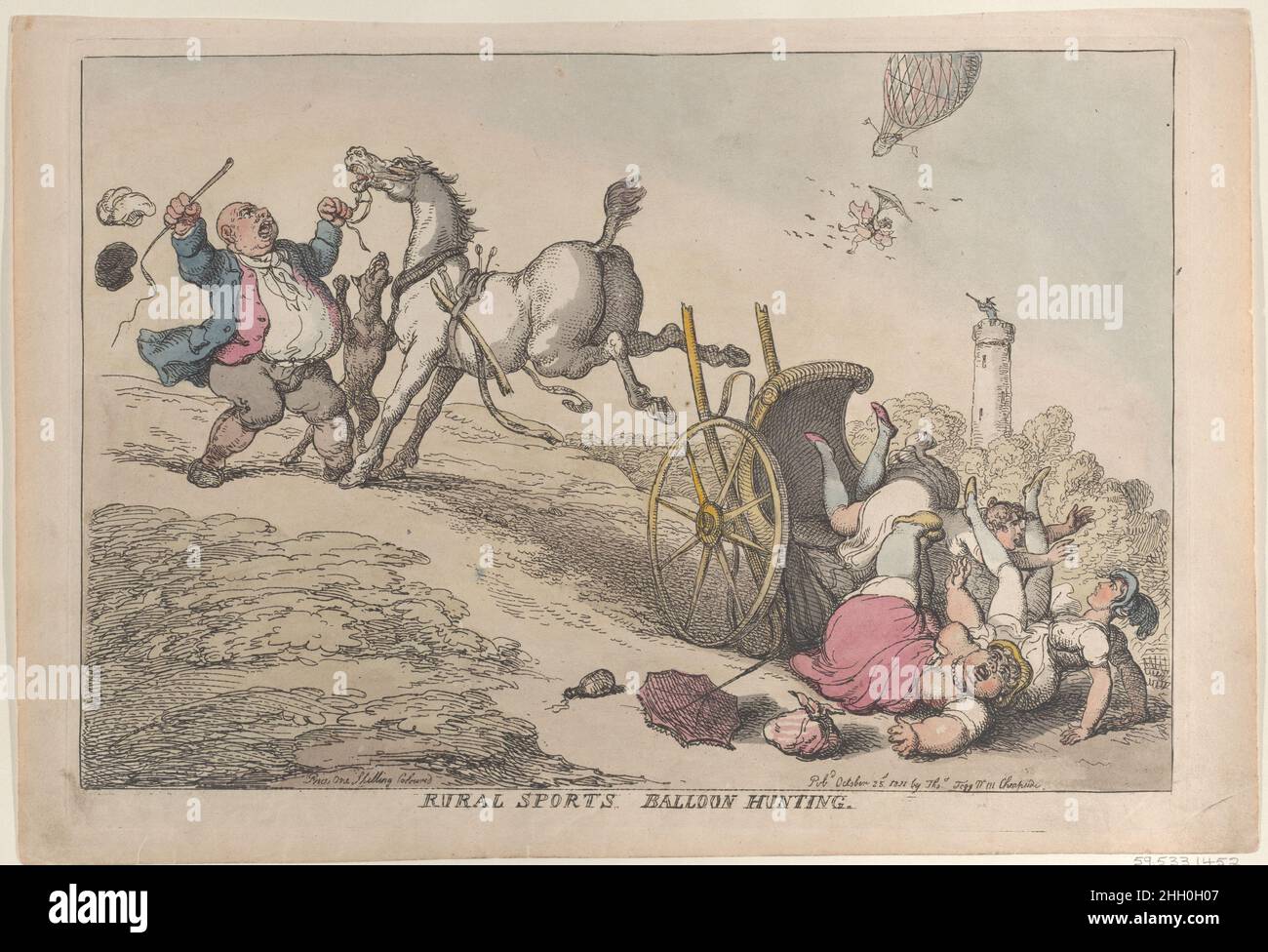 Rural Sports: Balloon Hunting October 25, 1811 Thomas Rowlandson Three women fall out of a cart as it goes up a hill. A man at left tries to hold the bridle of the kicking horse and loses his hat and wig.. Rural Sports: Balloon Hunting. Thomas Rowlandson (British, London 1757–1827 London). October 25, 1811. Hand-colored etching. Thomas Tegg (British, 1776–1846). Prints Stock Photo