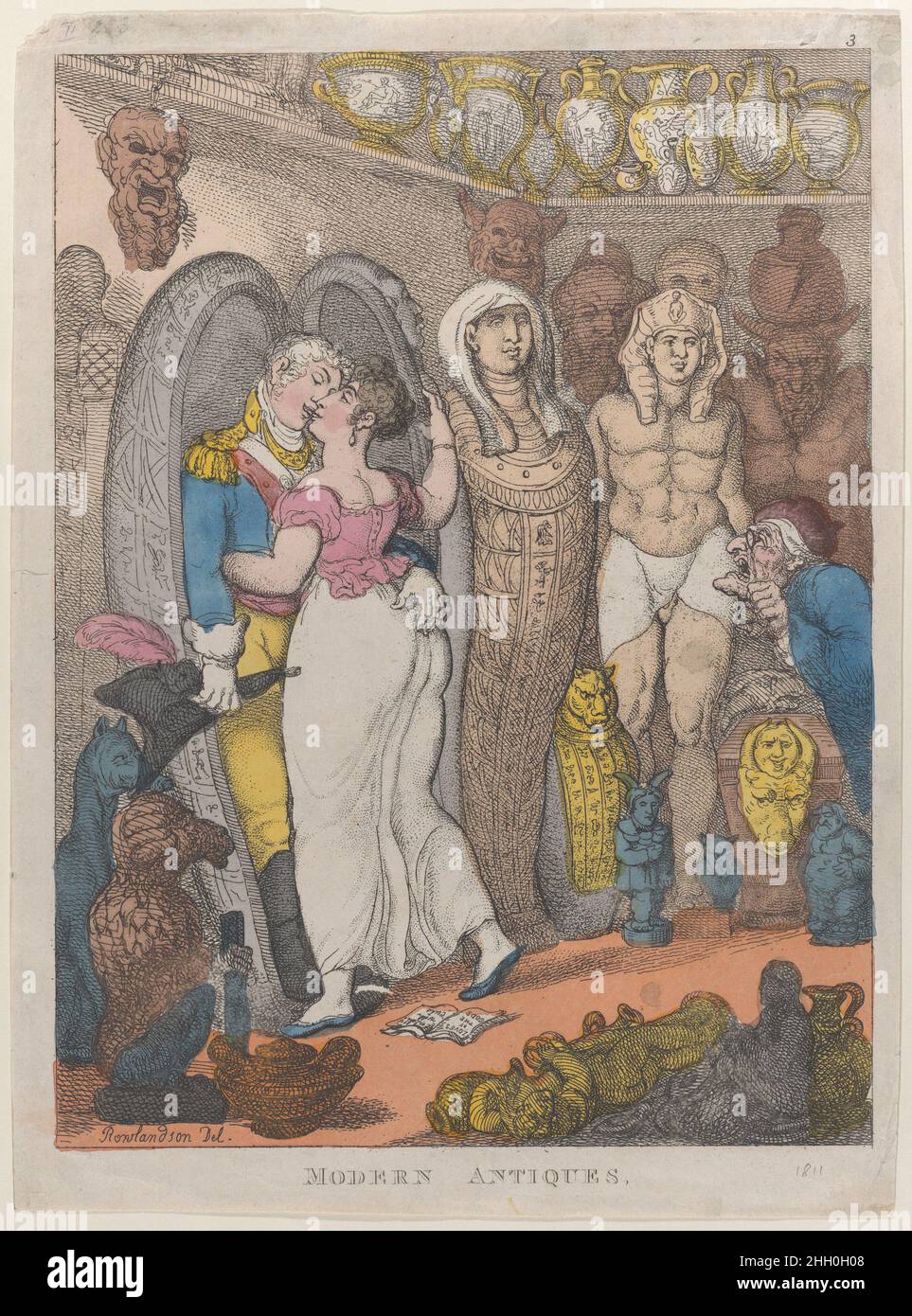 Modern Antiquities 1811? Thomas Rowlandson British Among a collection of Egyptian and classical antiques a young woman is embraced by an officer, who draws her into a mummy case. Also in the room is an elderly man with a monocle who inspects a sarcophagus. On the floor an open book reads: 'Loves of the Gods, embell'd with Cuts'. Modern Antiquities. Thomas Rowlandson (British, London 1757–1827 London). 1811?. Hand-colored etching. (?) Thomas Tegg (British, 1776–1846). Prints Stock Photo