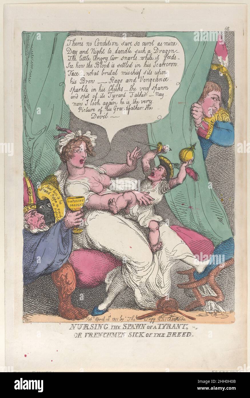 Nursing the Spawn of a Tyrant April 14, 1811 Thomas Rowlandson Marie Louise recoils from her infant son, seated in her lap, who threatens her with a dagger. Napoleon hides behind a curtain at right. A bishop at left raises a goblet inscribed 'Composing Draught' to the Empress.. Nursing the Spawn of a Tyrant. Thomas Rowlandson (British, London 1757–1827 London). April 14, 1811. Hand-colored etching. Thomas Tegg (British, 1776–1846). Prints Stock Photo