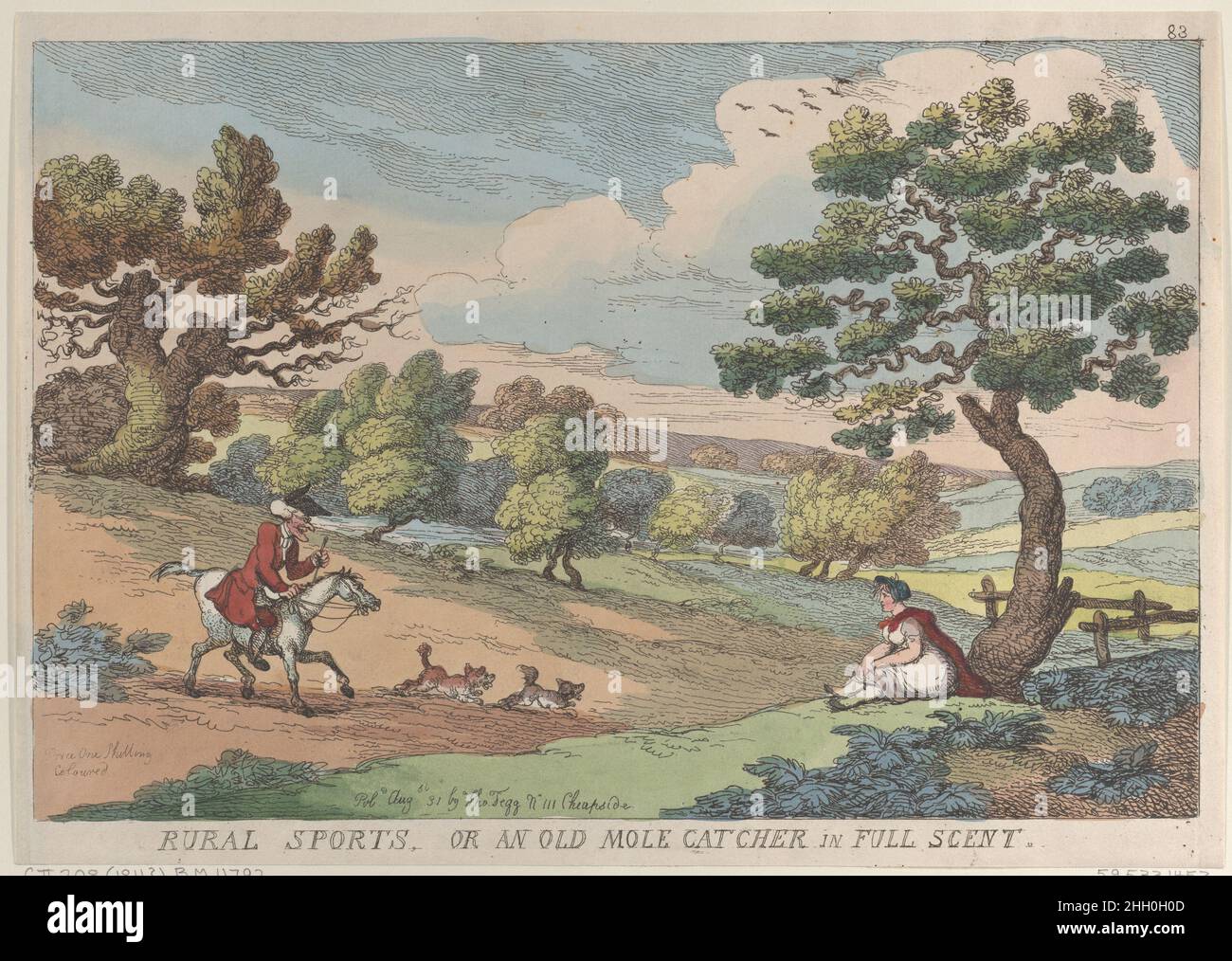 Rural Sports, or an Old Mole Catcher in Full Scent August 31, 1811 Thomas Rowlandson An elderly man on a horse rides in a hilly landscape with two dogs before him, and approaches a girl seated beneath a tree at right.. Rural Sports, or an Old Mole Catcher in Full Scent. Thomas Rowlandson (British, London 1757–1827 London). August 31, 1811. Hand-colored etching. Thomas Tegg (British, 1776–1846). Prints Stock Photo