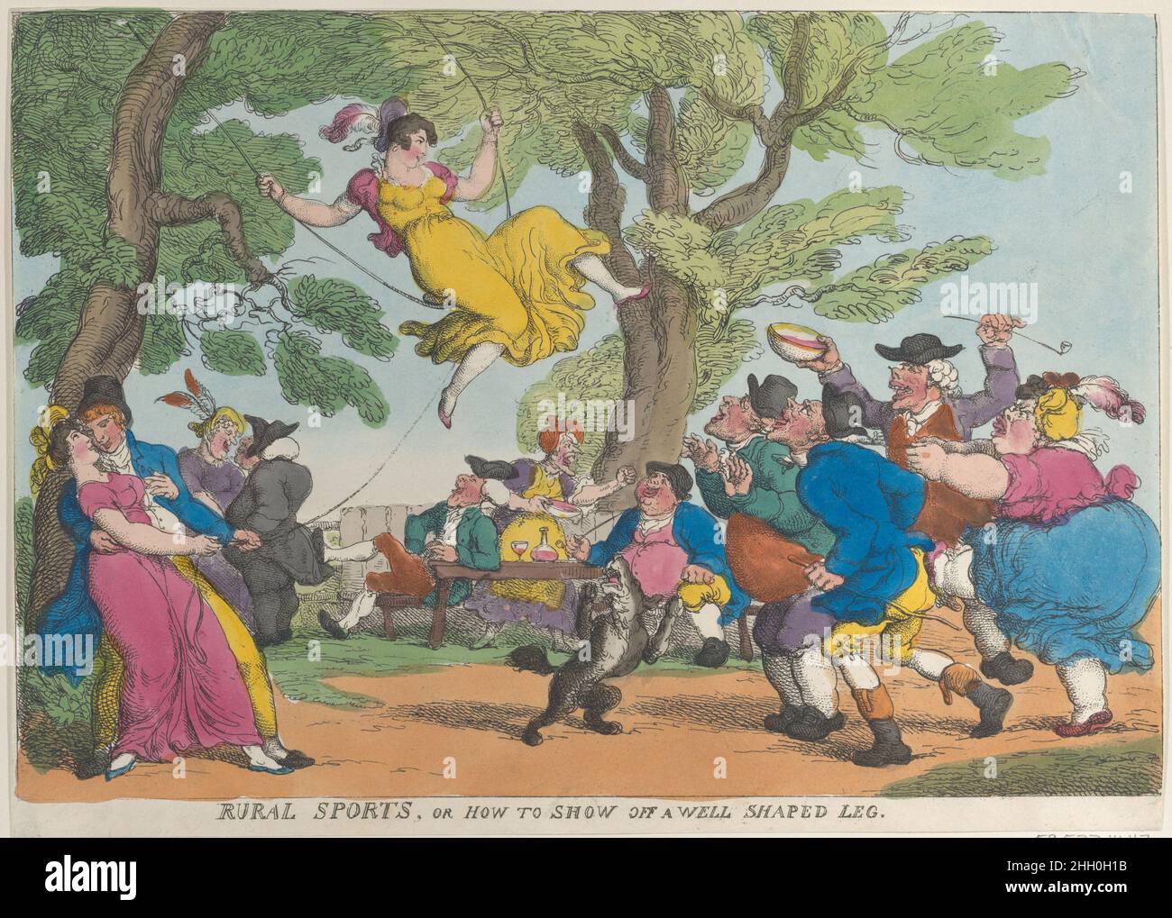 Rural Sports, or How to Show Off a Well Shaped Leg October 1811 Thomas Rowlandson A young woman swings high above the heads of the spectators, seated on a rope swing hung between two trees, while various spectators watch.. Rural Sports, or How to Show Off a Well Shaped Leg. Thomas Rowlandson (British, London 1757–1827 London). October 1811. Hand-colored etching. Thomas Tegg (British, 1776–1846). Prints Stock Photo