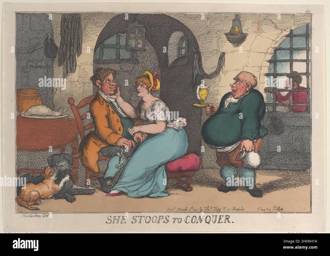 She Stoops to Conquer March 10, 1811 Thomas Rowlandson A pretty young woman sits closely to a prison guard, putting her hand on his face, while a handsome youth is behind bars at right. A portly man approaches them with a frothing glass.. She Stoops to Conquer. Thomas Rowlandson (British, London 1757–1827 London). March 10, 1811. Hand-colored etching. Thomas Tegg (British, 1776–1846). Prints Stock Photo