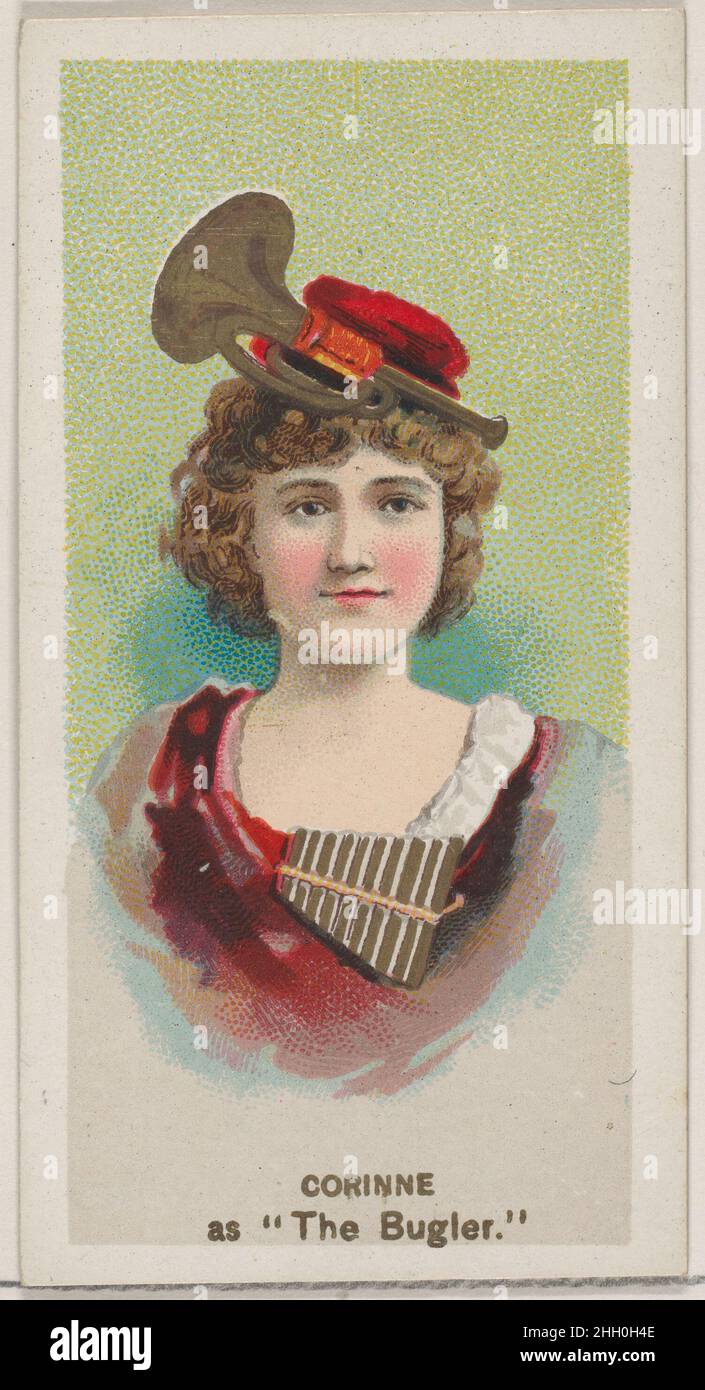 Corinne as 'The Bugler,' from the series Fancy Dress Ball Costumes (N73) for Duke brand cigarettes 1889 Issued by W. Duke, Sons & Co. American Trade cards from the 'Fancy Dress Ball Costumes' series (N73), issued in a set of 50 cards in 1889 to promote W. Duke Sons & Co. brand cigarettes.. Corinne as 'The Bugler,' from the series Fancy Dress Ball Costumes (N73) for Duke brand cigarettes. 1889. Commercial color lithograph. Issued by W. Duke, Sons & Co. (New York and Durham, N.C.) Stock Photo