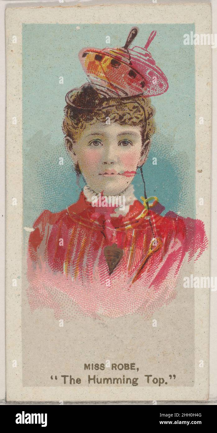 Miss Robe as 'The Humming Top,' from the series Fancy Dress Ball Costumes (N73) for Duke brand cigarettes 1889 Issued by W. Duke, Sons & Co. American Trade cards from the 'Fancy Dress Ball Costumes' series (N73), issued in a set of 50 cards in 1889 to promote W. Duke Sons & Co. brand cigarettes.. Miss Robe as 'The Humming Top,' from the series Fancy Dress Ball Costumes (N73) for Duke brand cigarettes. 1889. Commercial color lithograph. Issued by W. Duke, Sons & Co. (New York and Durham, N.C.) Stock Photo