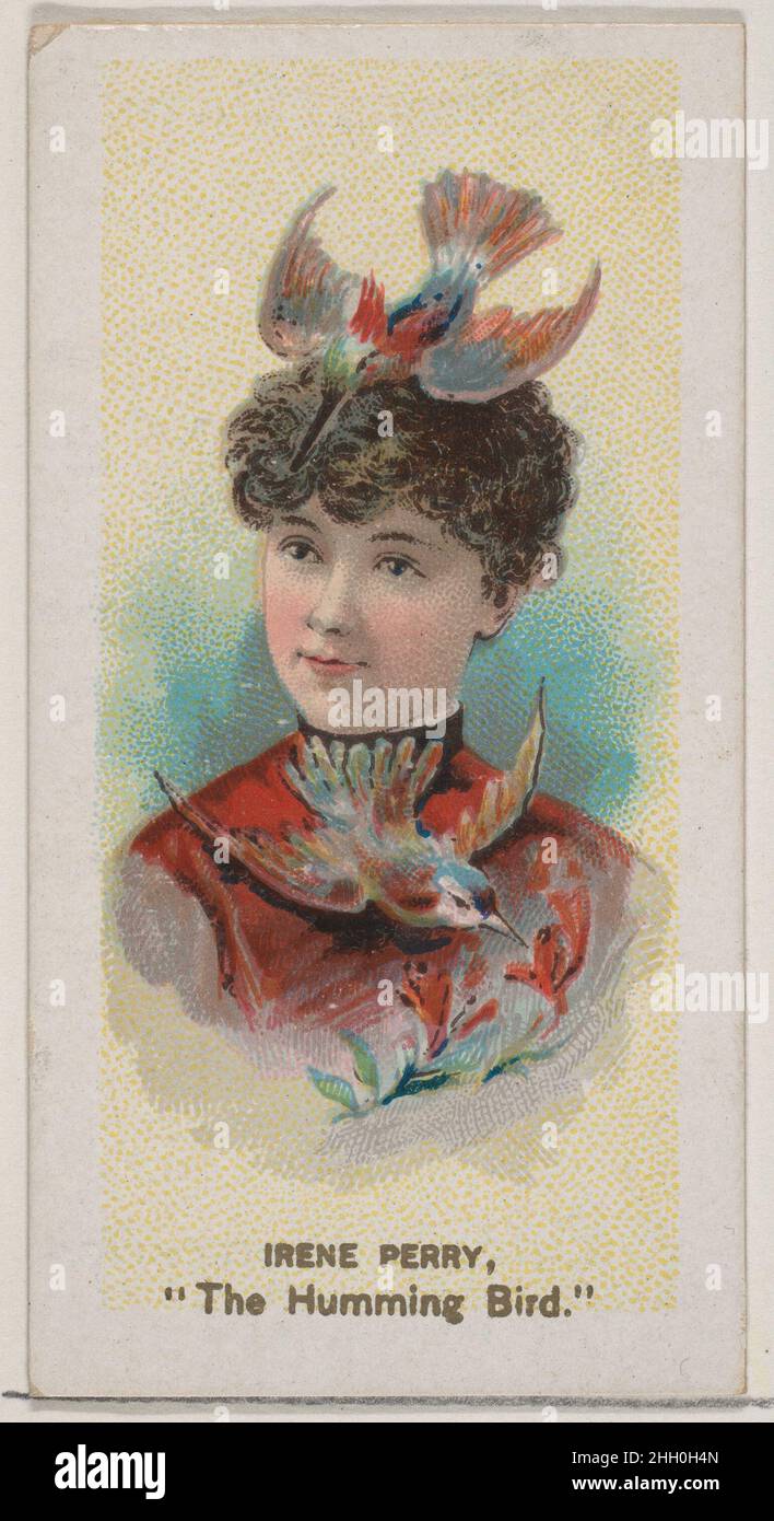 Irene Perry as 'The Humming Bird,' from the series Fancy Dress Ball Costumes (N73) for Duke brand cigarettes 1889 Issued by W. Duke, Sons & Co. American Trade cards from the 'Fancy Dress Ball Costumes' series (N73), issued in a set of 50 cards in 1889 to promote W. Duke Sons & Co. brand cigarettes.. Irene Perry as 'The Humming Bird,' from the series Fancy Dress Ball Costumes (N73) for Duke brand cigarettes. 1889. Commercial color lithograph. Issued by W. Duke, Sons & Co. (New York and Durham, N.C.) Stock Photo