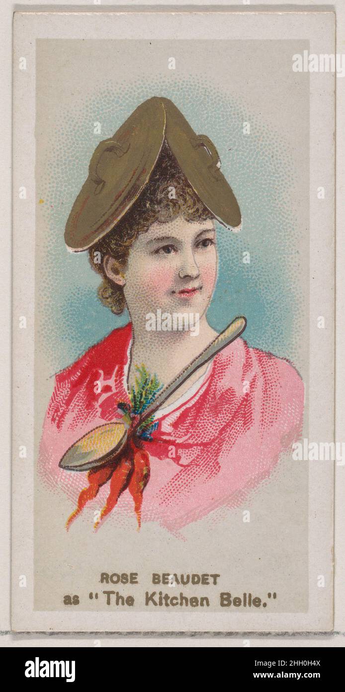 Rose Beaudet as 'The Kitchen Belle,' from the series Fancy Dress Ball Costumes (N73) for Duke brand cigarettes 1889 Issued by W. Duke, Sons & Co. American Trade cards from the 'Fancy Dress Ball Costumes' series (N73), issued in a set of 50 cards in 1889 to promote W. Duke Sons & Co. brand cigarettes.. Rose Beaudet as 'The Kitchen Belle,' from the series Fancy Dress Ball Costumes (N73) for Duke brand cigarettes. 1889. Commercial color lithograph. Issued by W. Duke, Sons & Co. (New York and Durham, N.C.) Stock Photo