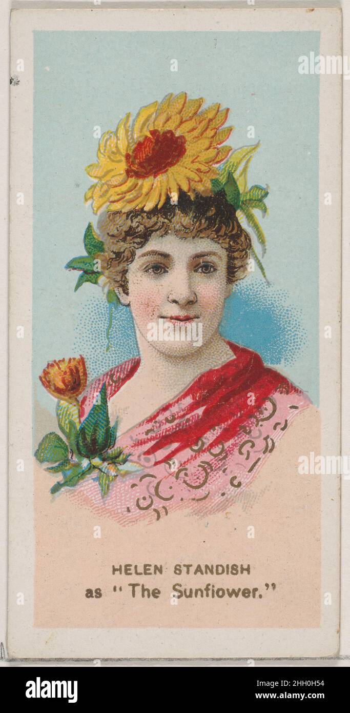 Helen Standish as 'The Sunflower,' from the series Fancy Dress Ball Costumes (N73) for Duke brand cigarettes 1889 Issued by W. Duke, Sons & Co. American Trade cards from the 'Fancy Dress Ball Costumes' series (N73), issued in a set of 50 cards in 1889 to promote W. Duke Sons & Co. brand cigarettes.. Helen Standish as 'The Sunflower,' from the series Fancy Dress Ball Costumes (N73) for Duke brand cigarettes. 1889. Commercial color lithograph. Issued by W. Duke, Sons & Co. (New York and Durham, N.C.) Stock Photo