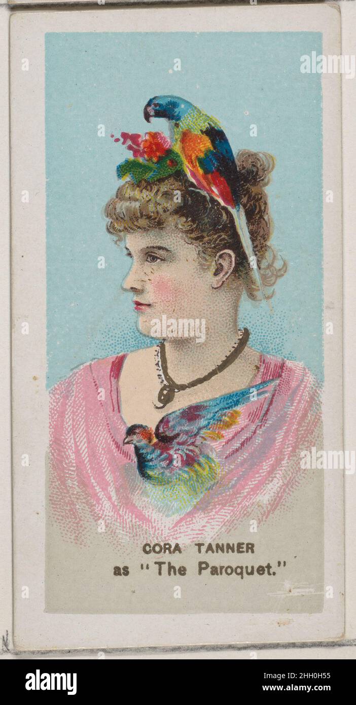 Cora Tanner as 'The Paroquet,' from the series Fancy Dress Ball Costumes (N73) for Duke brand cigarettes 1889 Issued by W. Duke, Sons & Co. American Trade cards from the 'Fancy Dress Ball Costumes' series (N73), issued in a set of 50 cards in 1889 to promote W. Duke Sons & Co. brand cigarettes.. Cora Tanner as 'The Paroquet,' from the series Fancy Dress Ball Costumes (N73) for Duke brand cigarettes. 1889. Commercial color lithograph. Issued by W. Duke, Sons & Co. (New York and Durham, N.C.) Stock Photo