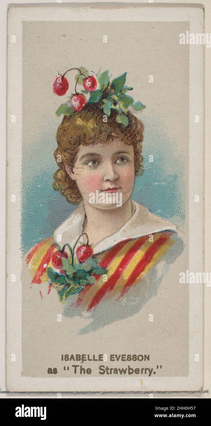 Isabelle Evesson as 'The Strawberry,' from the series Fancy Dress Ball Costumes (N73) for Duke brand cigarettes 1889 Issued by W. Duke, Sons & Co. American Trade cards from the 'Fancy Dress Ball Costumes' series (N73), issued in a set of 50 cards in 1889 to promote W. Duke Sons & Co. brand cigarettes.. Isabelle Evesson as 'The Strawberry,' from the series Fancy Dress Ball Costumes (N73) for Duke brand cigarettes. 1889. Commercial color lithograph. Issued by W. Duke, Sons & Co. (New York and Durham, N.C.) Stock Photo