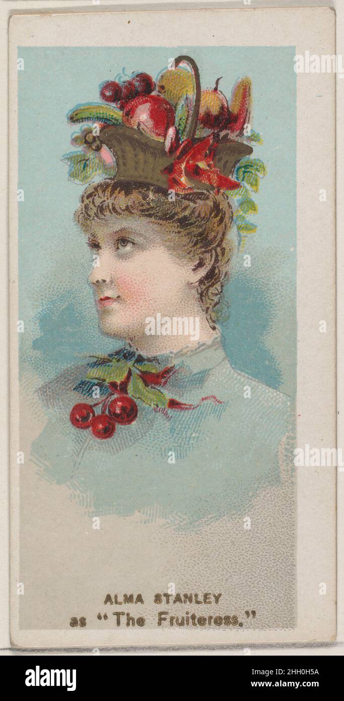 Alma Stanley as 'The Fruiteress,' from the series Fancy Dress Ball Costumes (N73) for Duke brand cigarettes 1889 Issued by W. Duke, Sons & Co. American Trade cards from the 'Fancy Dress Ball Costumes' series (N73), issued in a set of 50 cards in 1889 to promote W. Duke Sons & Co. brand cigarettes.. Alma Stanley as 'The Fruiteress,' from the series Fancy Dress Ball Costumes (N73) for Duke brand cigarettes. 1889. Commercial color lithograph. Issued by W. Duke, Sons & Co. (New York and Durham, N.C.) Stock Photo