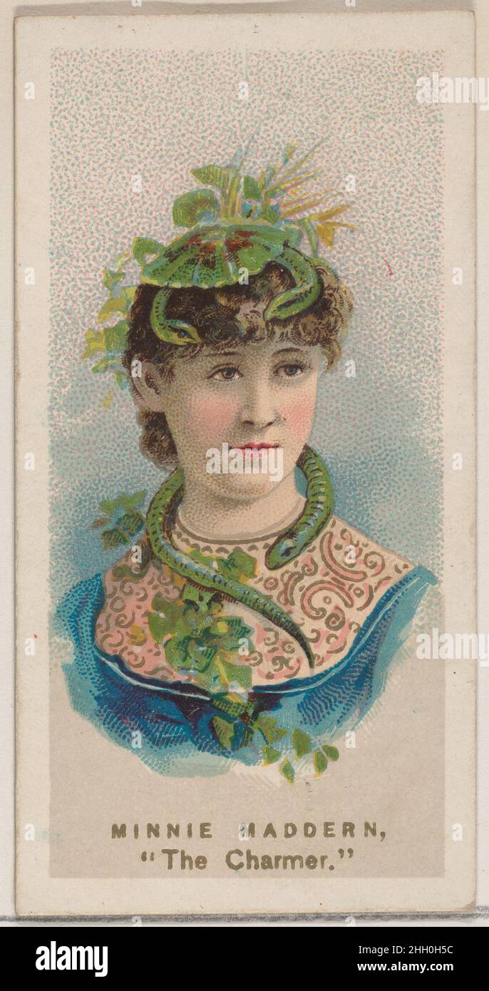 Minnie Maddern as 'The Charmer,' from the series Fancy Dress Ball Costumes (N73) for Duke brand cigarettes 1889 Issued by W. Duke, Sons & Co. American Trade cards from the 'Fancy Dress Ball Costumes' series (N73), issued in a set of 50 cards in 1889 to promote W. Duke Sons & Co. brand cigarettes.. Minnie Maddern as 'The Charmer,' from the series Fancy Dress Ball Costumes (N73) for Duke brand cigarettes. 1889. Commercial color lithograph. Issued by W. Duke, Sons & Co. (New York and Durham, N.C.) Stock Photo