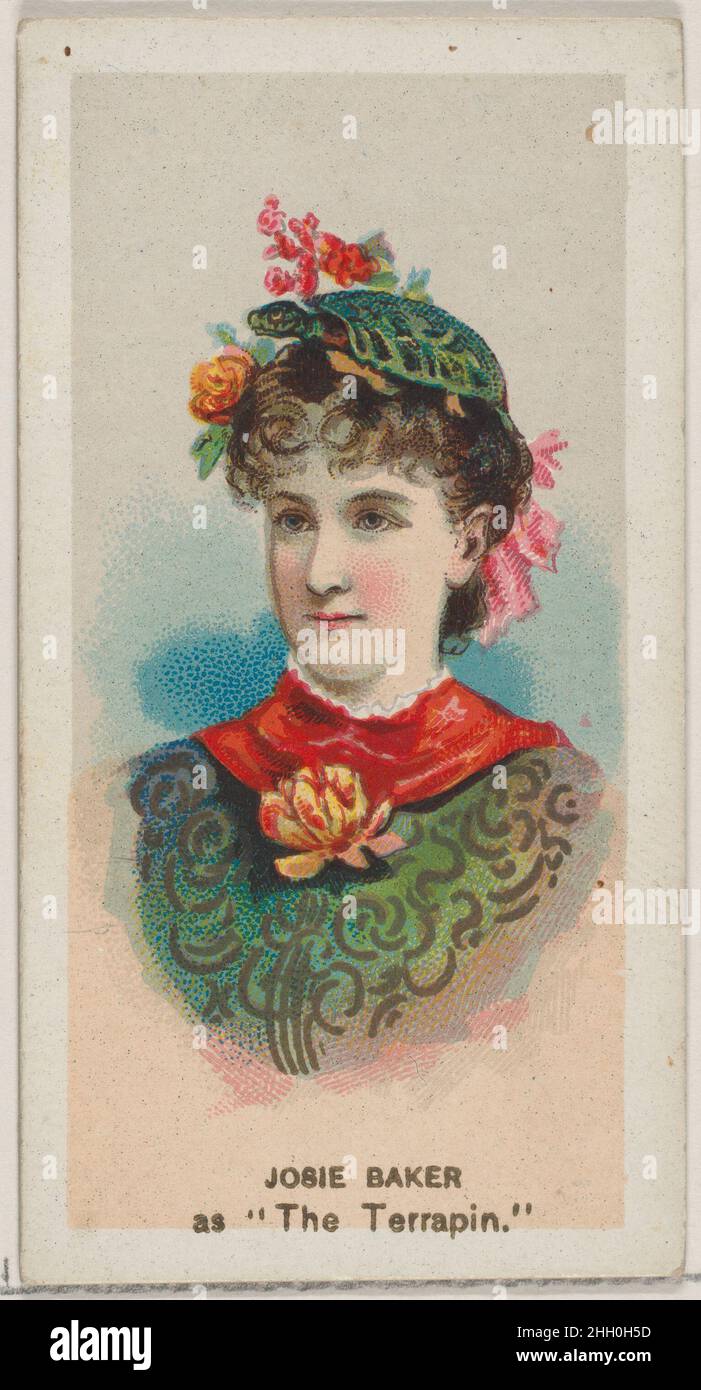 Josie Baker as 'The Terrapin,' from the series Fancy Dress Ball Costumes (N73) for Duke brand cigarettes 1889 Issued by W. Duke, Sons & Co. American Trade cards from the 'Fancy Dress Ball Costumes' series (N73), issued in a set of 50 cards in 1889 to promote W. Duke Sons & Co. brand cigarettes.. Josie Baker as 'The Terrapin,' from the series Fancy Dress Ball Costumes (N73) for Duke brand cigarettes. 1889. Commercial color lithograph. Issued by W. Duke, Sons & Co. (New York and Durham, N.C.) Stock Photo
