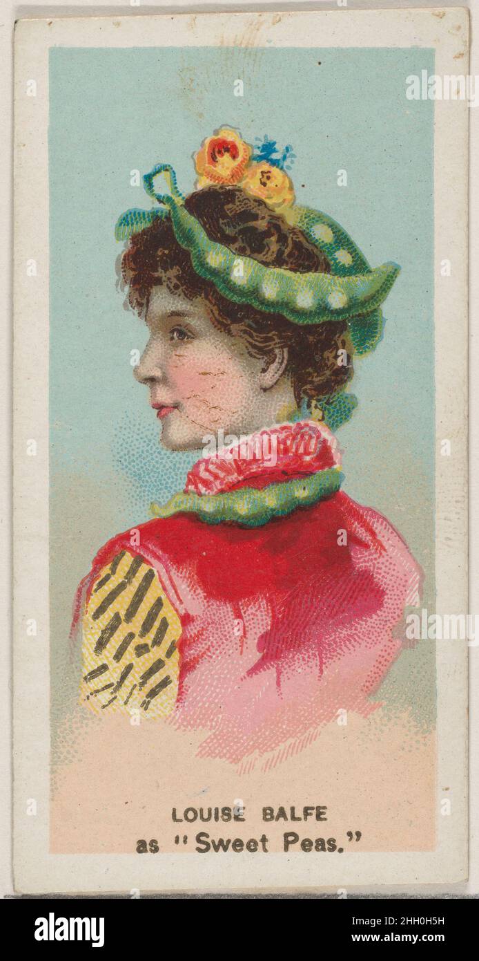 Louise Balfe as 'Sweet Peas,' from the series Fancy Dress Ball Costumes (N73) for Duke brand cigarettes 1889 Issued by W. Duke, Sons & Co. American Trade cards from the 'Fancy Dress Ball Costumes' series (N73), issued in a set of 50 cards in 1889 to promote W. Duke Sons & Co. brand cigarettes.. Louise Balfe as 'Sweet Peas,' from the series Fancy Dress Ball Costumes (N73) for Duke brand cigarettes. 1889. Commercial color lithograph. Issued by W. Duke, Sons & Co. (New York and Durham, N.C.) Stock Photo