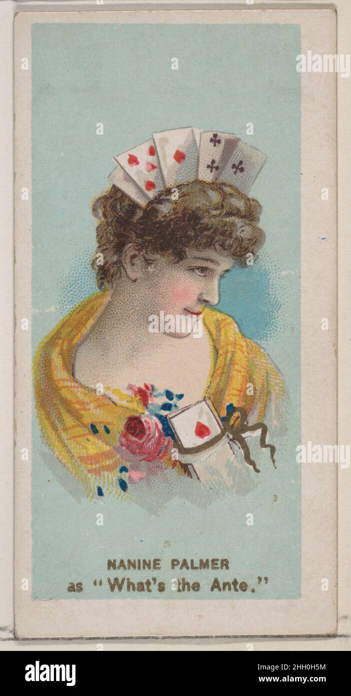 Nanine Palmer as 'What's the Ante,' from the series Fancy Dress Ball Costumes (N73) for Duke brand cigarettes 1889 Issued by W. Duke, Sons & Co. American Trade cards from the 'Fancy Dress Ball Costumes' series (N73), issued in a set of 50 cards in 1889 to promote W. Duke Sons & Co. brand cigarettes.. Nanine Palmer as 'What's the Ante,' from the series Fancy Dress Ball Costumes (N73) for Duke brand cigarettes. 1889. Commercial color lithograph. Issued by W. Duke, Sons & Co. (New York and Durham, N.C.) Stock Photo