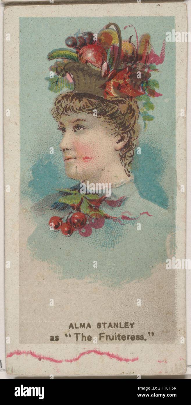 Alma Stanley as 'The Fruiteress,' from the series Fancy Dress Ball Costumes (N73) for Duke brand cigarettes 1889 Issued by W. Duke, Sons & Co. American Trade cards from the 'Fancy Dress Ball Costumes' series (N73), issued in a set of 50 cards in 1889 to promote W. Duke Sons & Co. brand cigarettes.. Alma Stanley as 'The Fruiteress,' from the series Fancy Dress Ball Costumes (N73) for Duke brand cigarettes. 1889. Commercial color lithograph. Issued by W. Duke, Sons & Co. (New York and Durham, N.C.) Stock Photo