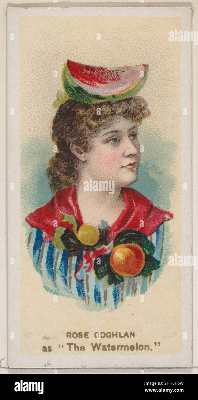 Rose Coghlan as 'The Watermelon,' from the series Fancy Dress Ball Costumes (N73) for Duke brand cigarettes 1889 Issued by W. Duke, Sons & Co. American Trade cards from the 'Fancy Dress Ball Costumes' series (N73), issued in a set of 50 cards in 1889 to promote W. Duke Sons & Co. brand cigarettes.. Rose Coghlan as 'The Watermelon,' from the series Fancy Dress Ball Costumes (N73) for Duke brand cigarettes. 1889. Commercial color lithograph. Issued by W. Duke, Sons & Co. (New York and Durham, N.C.) Stock Photo