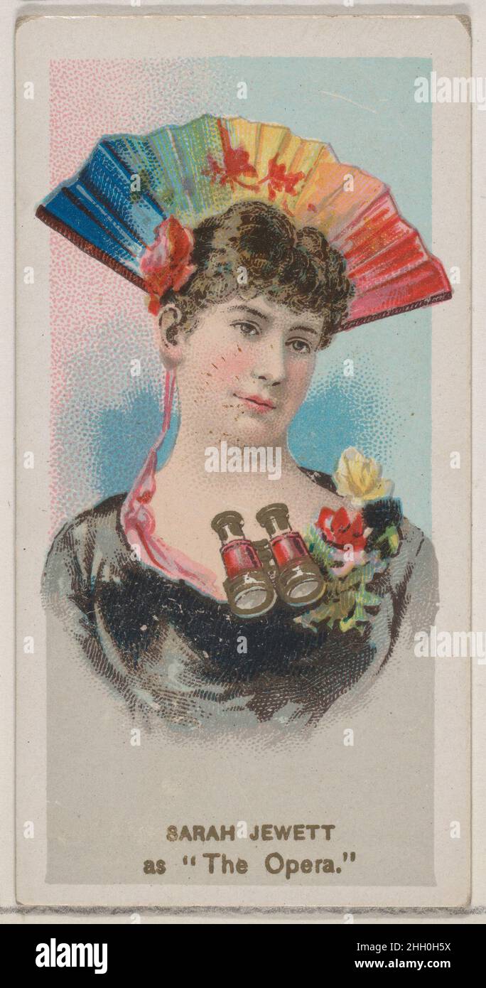 Sarah Jewett as 'The Opera,' from the series Fancy Dress Ball Costumes (N73) for Duke brand cigarettes 1889 Issued by W. Duke, Sons & Co. American Trade cards from the 'Fancy Dress Ball Costumes' series (N73), issued in a set of 50 cards in 1889 to promote W. Duke Sons & Co. brand cigarettes.. Sarah Jewett as 'The Opera,' from the series Fancy Dress Ball Costumes (N73) for Duke brand cigarettes. 1889. Commercial color lithograph. Issued by W. Duke, Sons & Co. (New York and Durham, N.C.) Stock Photo