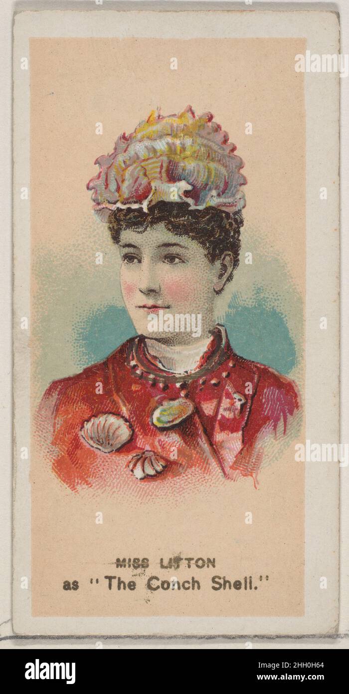 Miss Litton as 'The Conch Shell,' from the series Fancy Dress Ball Costumes (N73) for Duke brand cigarettes 1889 Issued by W. Duke, Sons & Co. American Trade cards from the 'Fancy Dress Ball Costumes' series (N73), issued in a set of 50 cards in 1889 to promote W. Duke Sons & Co. brand cigarettes.. Miss Litton as 'The Conch Shell,' from the series Fancy Dress Ball Costumes (N73) for Duke brand cigarettes. 1889. Commercial color lithograph. Issued by W. Duke, Sons & Co. (New York and Durham, N.C.) Stock Photo