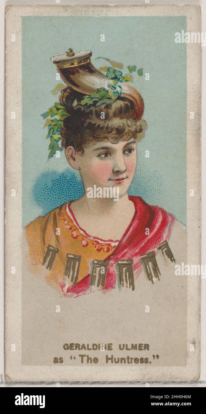 Geraldine Ulmer as 'The Huntress,' from the series Fancy Dress Ball Costumes (N73) for Duke brand cigarettes 1889 Issued by W. Duke, Sons & Co. American Trade cards from the 'Fancy Dress Ball Costumes' series (N73), issued in a set of 50 cards in 1889 to promote W. Duke Sons & Co. brand cigarettes.. Geraldine Ulmer as 'The Huntress,' from the series Fancy Dress Ball Costumes (N73) for Duke brand cigarettes. 1889. Commercial color lithograph. Issued by W. Duke, Sons & Co. (New York and Durham, N.C.) Stock Photo