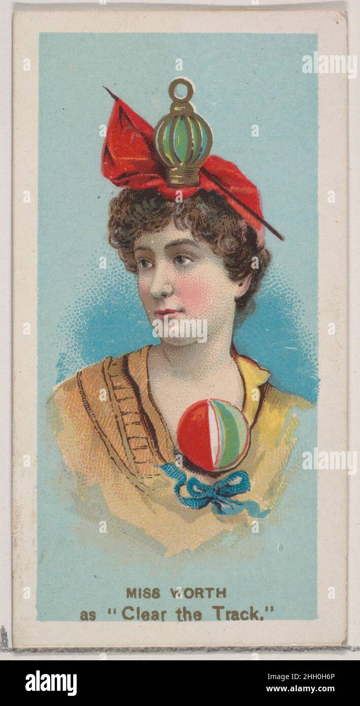 Miss Worth as 'Clear the Track,' from the series Fancy Dress Ball Costumes (N73) for Duke brand cigarettes 1889 Issued by W. Duke, Sons & Co. American Trade cards from the 'Fancy Dress Ball Costumes' series (N73), issued in a set of 50 cards in 1889 to promote W. Duke Sons & Co. brand cigarettes.. Miss Worth as 'Clear the Track,' from the series Fancy Dress Ball Costumes (N73) for Duke brand cigarettes. 1889. Commercial color lithograph. Issued by W. Duke, Sons & Co. (New York and Durham, N.C.) Stock Photo