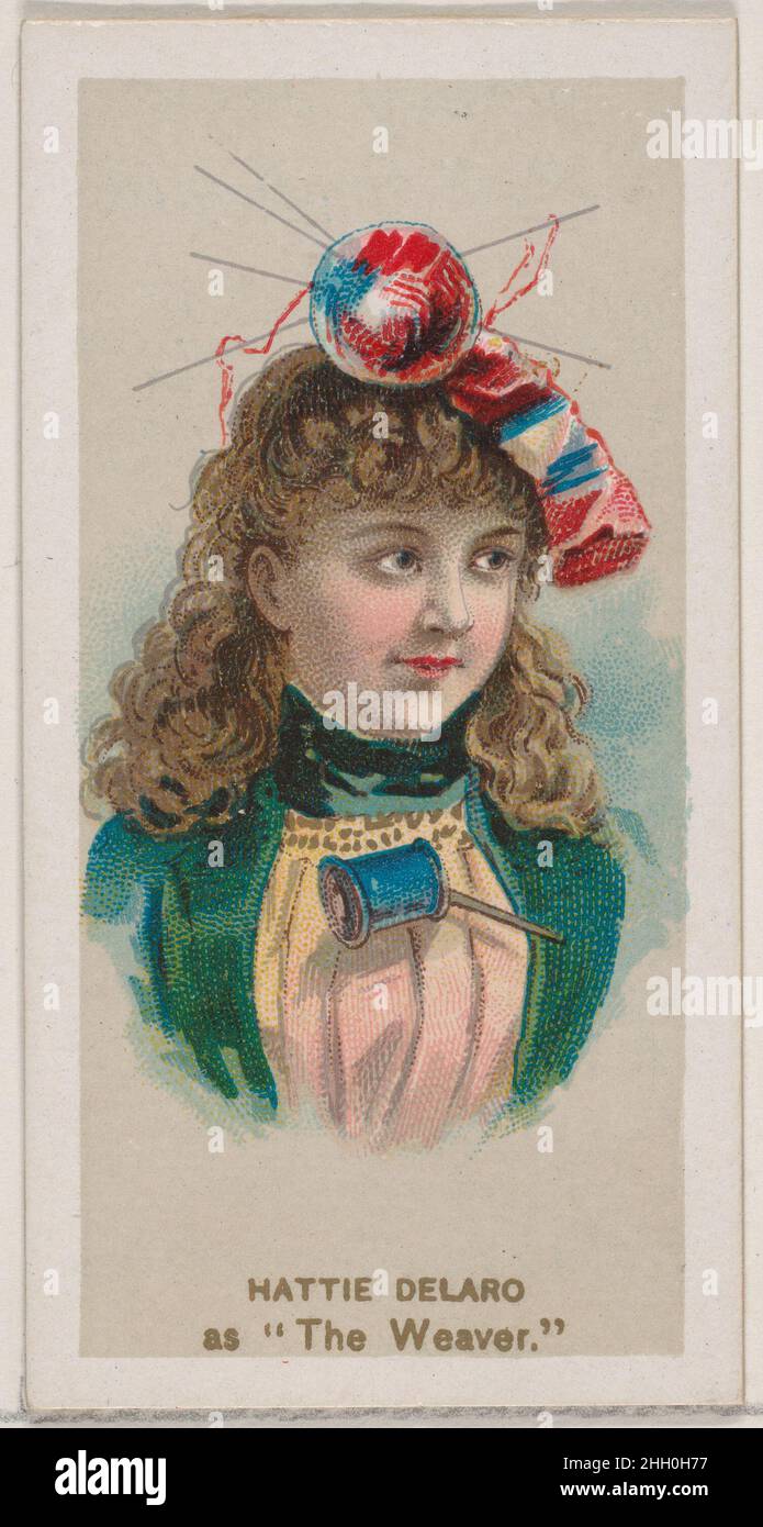 Hattie Delaro as 'The Weaver,' from the series Fancy Dress Ball Costumes (N73) for Duke brand cigarettes 1889 Issued by W. Duke, Sons & Co. American Trade cards from the 'Fancy Dress Ball Costumes' series (N73), issued in a set of 50 cards in 1889 to promote W. Duke Sons & Co. brand cigarettes.. Hattie Delaro as 'The Weaver,' from the series Fancy Dress Ball Costumes (N73) for Duke brand cigarettes. 1889. Commercial color lithograph. Issued by W. Duke, Sons & Co. (New York and Durham, N.C.) Stock Photo