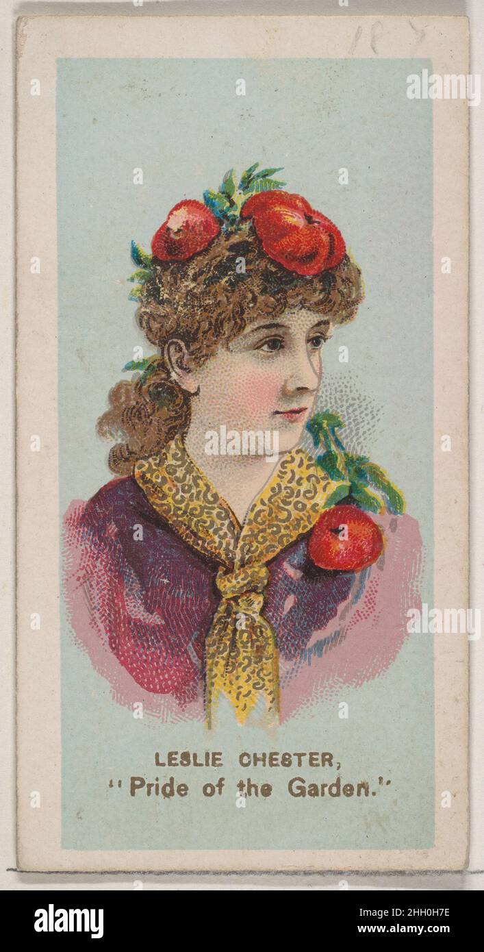 Leslie Chester as 'Pride of the Garden,' from the series Fancy Dress Ball Costumes (N73) for Duke brand cigarettes 1889 Lithography by Knapp & Company American Trade cards from the 'Fancy Dress Ball Costumes' series (N73), issued in a set of 50 cards in 1889 to promote W. Duke Sons & Co. brand cigarettes.. Leslie Chester as 'Pride of the Garden,' from the series Fancy Dress Ball Costumes (N73) for Duke brand cigarettes. 1889. Commercial color lithograph. Issued by W. Duke, Sons & Co. (New York and Durham, N.C.) Stock Photo