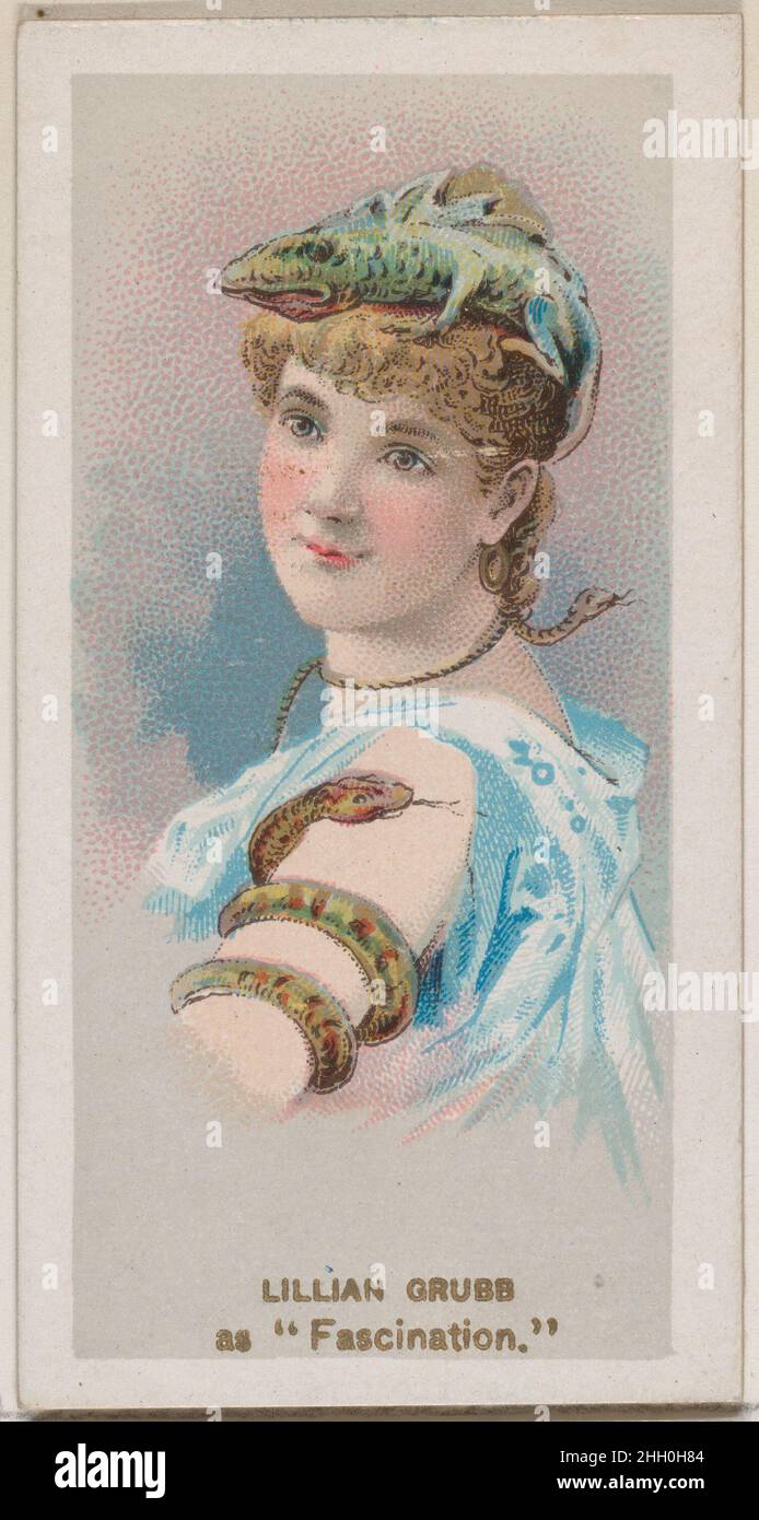 Lillian Grubb as 'Fascination,' from the series Fancy Dress Ball Costumes (N73) for Duke brand cigarettes 1889 Issued by W. Duke, Sons & Co. American Trade cards from the 'Fancy Dress Ball Costumes' series (N73), issued in a set of 50 cards in 1889 to promote W. Duke Sons & Co. brand cigarettes.. Lillian Grubb as 'Fascination,' from the series Fancy Dress Ball Costumes (N73) for Duke brand cigarettes. 1889. Commercial color lithograph. Issued by W. Duke, Sons & Co. (New York and Durham, N.C.) Stock Photo