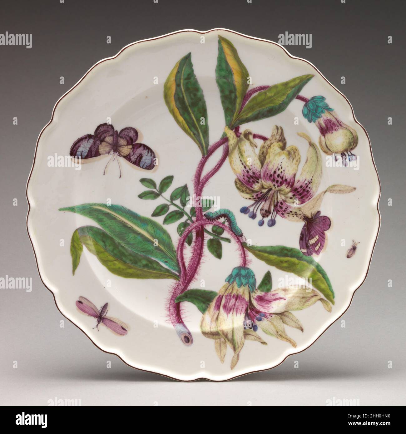 Botanical plate with spray of lilies ca. 1755 Chelsea Porcelain Manufactory In the early 1750s the Chelsea factory began looking to botanical prints as sources for its painted decoration. The plants, flowers, fruits, and vegetables chosen to decorate many of the factory’s wares over an approximately five-year period beginning in 1752 constitute one of the most recognized and appreciated types of decoration employed at Chelsea during the factory’s history. Other porcelain factories, notably Meissen, had practiced botanical decoration prior to its appearance at Chelsea, but the Chelsea painters Stock Photo