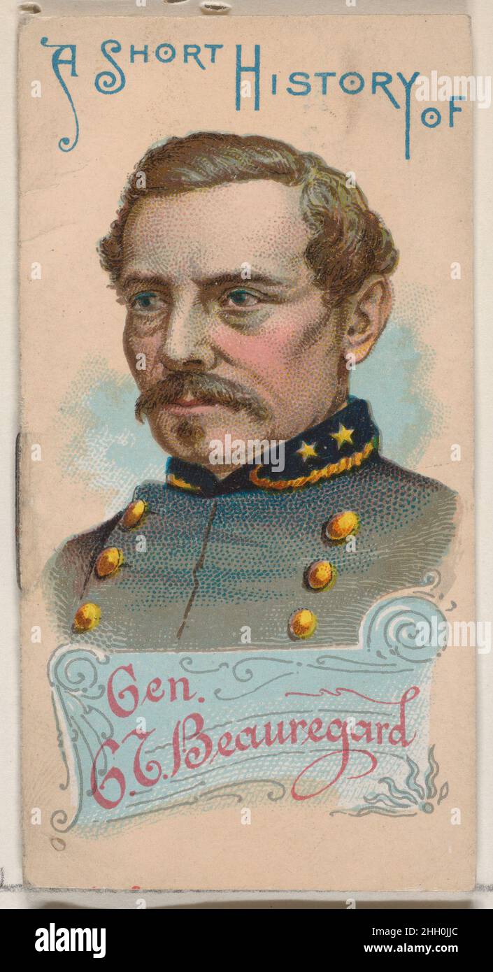 A Short History of General Pierre Gustave Toutant Beauregard, from the Histories of Generals series of booklets (N78) for Duke brand cigarettes 1888 Issued by W. Duke, Sons & Co. American Miniature booklets from the 'Histories of Generals' series (N78), issued in a set of 50 booklets in 1888 to promote W. Duke Sons & Co. brand cigarettes. Each booklet consists of 16 pages with covers.. A Short History of General Pierre Gustave Toutant Beauregard, from the Histories of Generals series of booklets (N78) for Duke brand cigarettes. 1888. Commercial color lithograph. Issued by W. Duke, Sons & Co. ( Stock Photo