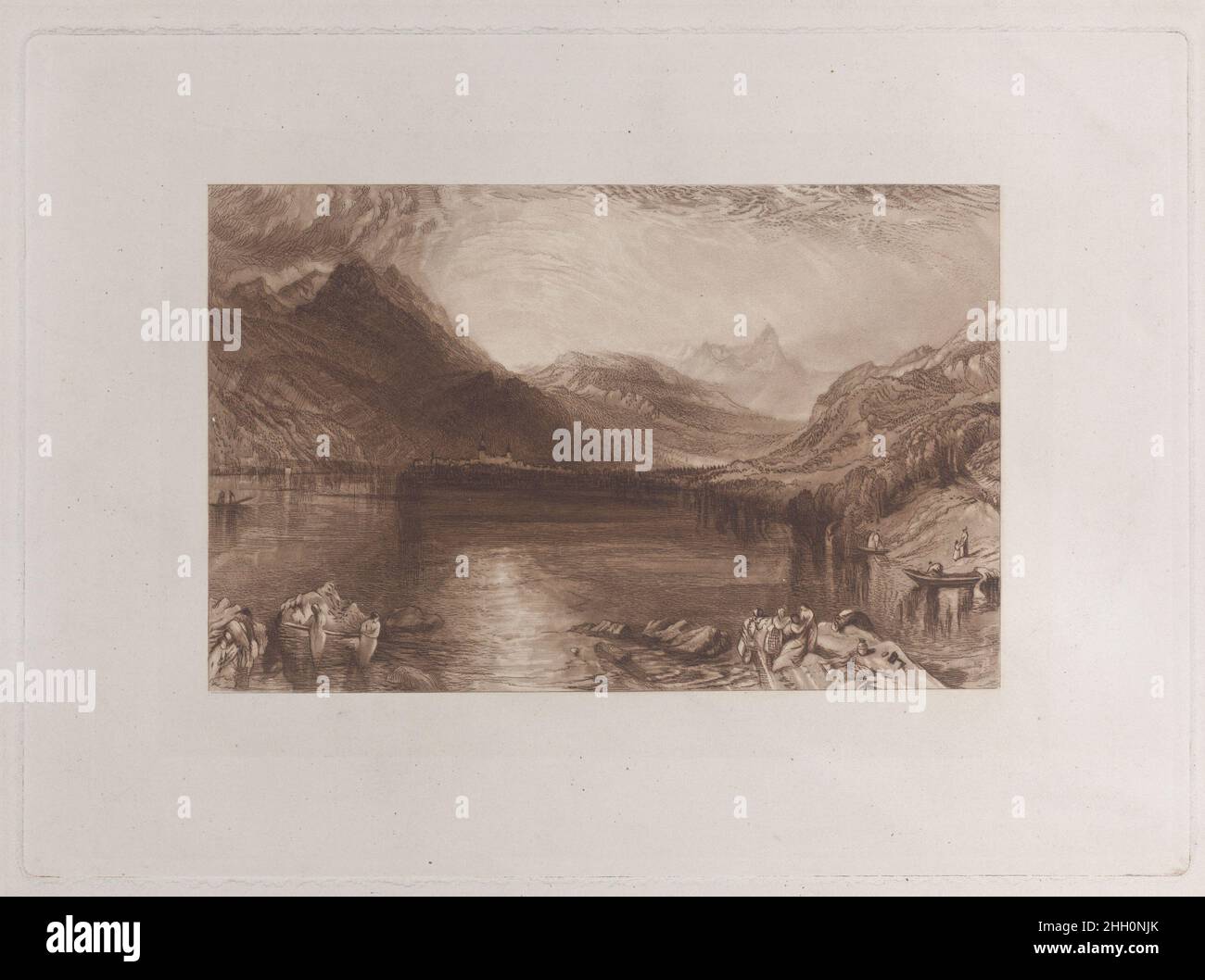 The Lake of Zug 1888 Etched by John Ruskin British When John Ruskin owned Turner's watercolor of the Lake of Zug (now at the Metropolitan Museum), he etched the subject in outline around 1856, with mezzotint then added by Lupton. The resulting print was used to illustrate Ruskin's Modern Painters, 1888, vol. V, pl. 87 (and Works, vol. VII, p. 439, pl. 87).. The Lake of Zug. After Joseph Mallord William Turner (British, London 1775–1851 London). 1888. Etching and mezzotint; proof. Mezzotint by Thomas Goff Lupton (British, London 1791–1873 London). Prints Stock Photo