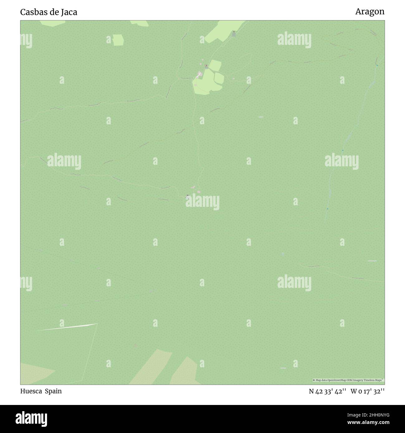 Casbas de Jaca, Huesca, Spain, Aragon, N 42 33' 42'', W 0 17' 32'', map, Timeless Map published in 2021. Travelers, explorers and adventurers like Florence Nightingale, David Livingstone, Ernest Shackleton, Lewis and Clark and Sherlock Holmes relied on maps to plan travels to the world's most remote corners, Timeless Maps is mapping most locations on the globe, showing the achievement of great dreams Stock Photo