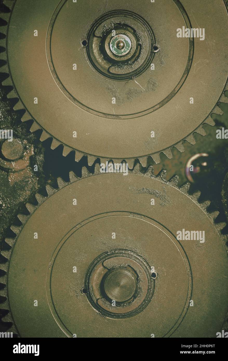 Gears in a hitch abstract background conceptual image reflecting the essence of the relationship. Stock Photo