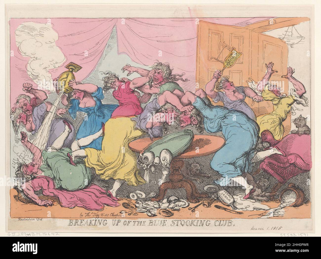 Breaking Up of the Blue Stocking Club March 1, 1815 Thomas Rowlandson Five pairs of women brawl over a tea table at center. Teacups have fallen to the floor and broken while the women are in combat. Three cats add to the uproar.. Breaking Up of the Blue Stocking Club. Thomas Rowlandson (British, London 1757–1827 London). March 1, 1815. Hand-colored etching. Thomas Tegg (British, 1776–1846). Prints Stock Photo