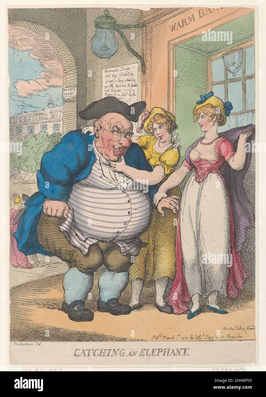 Catching an Elephant March 1, 1812 Thomas Rowlandson Two young courtesans coax an obese old man towards the door of a bagnio at right. One, at right, takes him by the wrist and throws back her cloak. The other takes him by the shoulders and chin.. Catching an Elephant. Thomas Rowlandson (British, London 1757–1827 London). March 1, 1812. Hand-colored etching. Thomas Tegg (British, 1776–1846). Prints Stock Photo