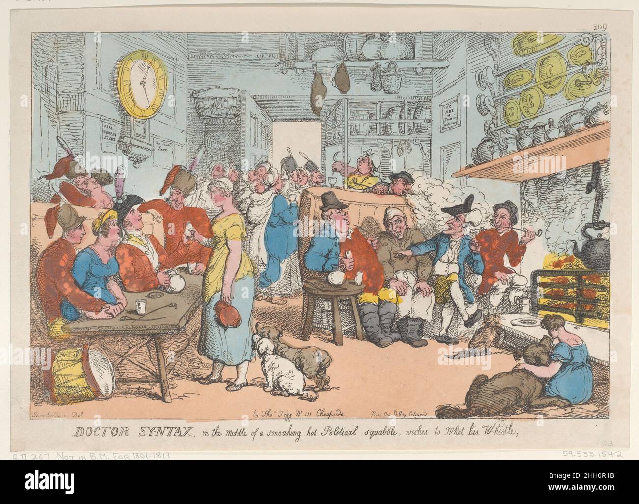 Doctor Syntax, in the Middle of a Smoking Hot Political Squabble, Wishes to Whet his Whistle August 31, 1813 Thomas Rowlandson Dr. Syntax, within a busy bar, seated at right, extends his hand to get a drink.. Doctor Syntax, in the Middle of a Smoking Hot Political Squabble, Wishes to Whet his Whistle. Thomas Rowlandson (British, London 1757–1827 London). August 31, 1813. Hand-colored etching. Thomas Tegg (British, 1776–1846). Prints Stock Photo